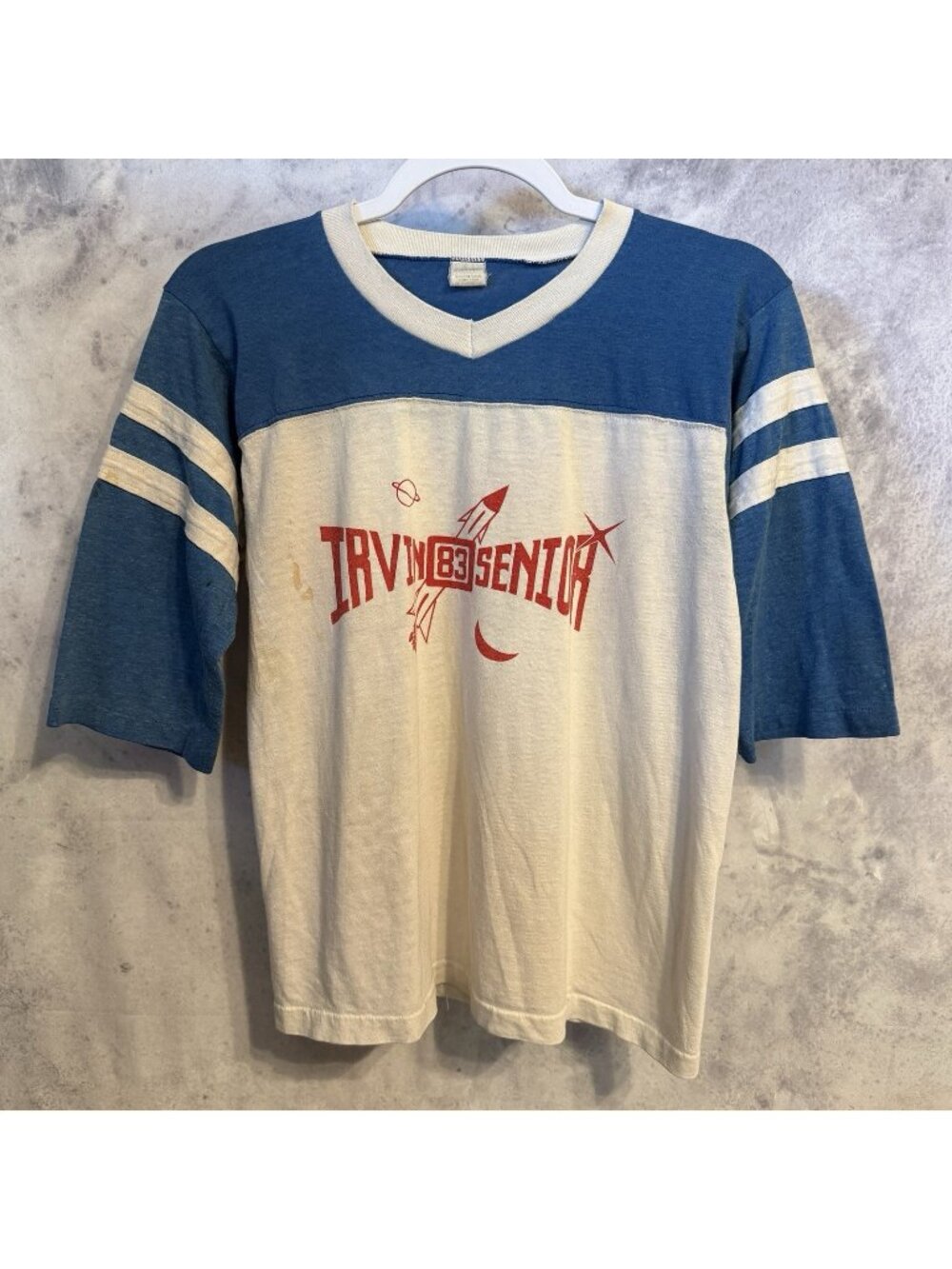 Vintage 80s Irvin Senior T Shirt Mens Medium White Blue Single Stitch